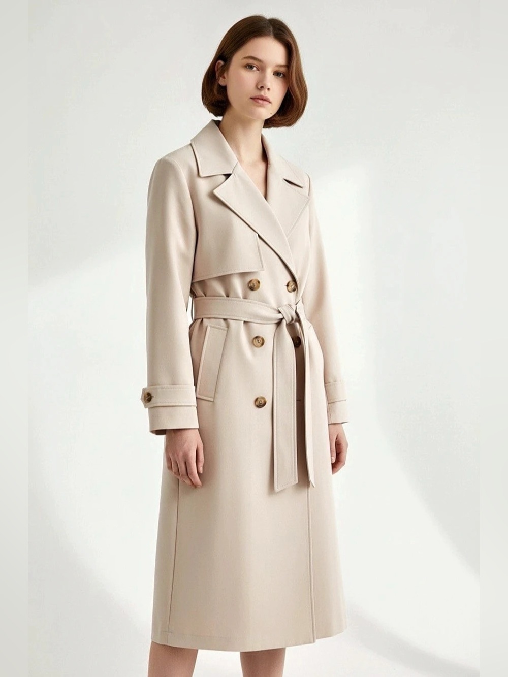 Bagatelle Collection Blush Beige Belted Double-Breasted Trench Coat